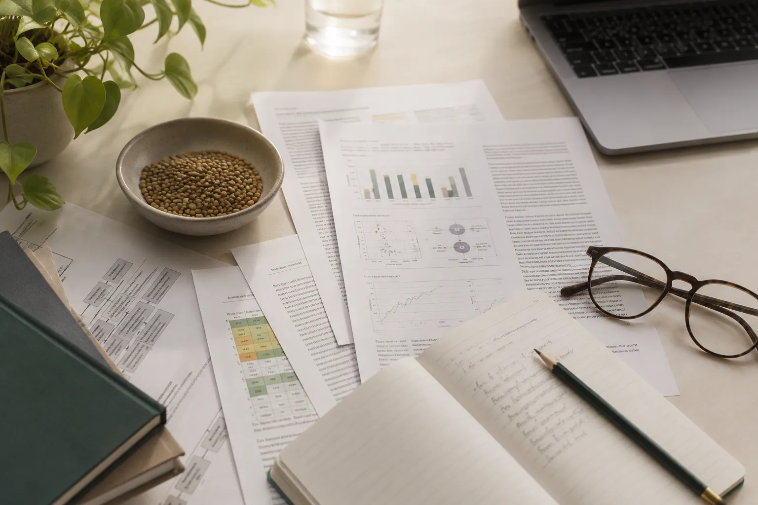 Nutrition research papers, charts and notes on a desk